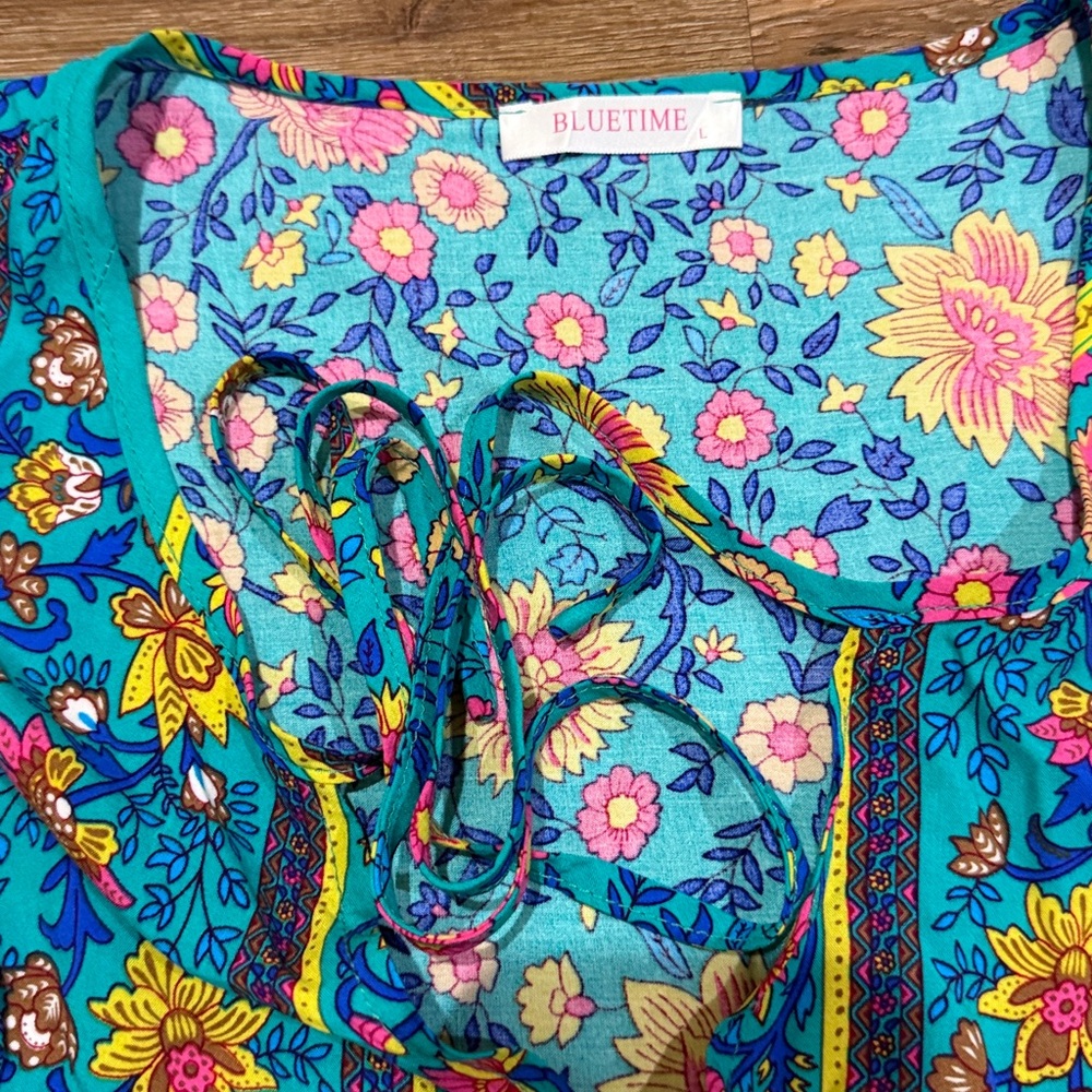 Bluetime Floral Boho Summer V Neck Flowy Beach Dress - Picture 6 of 7